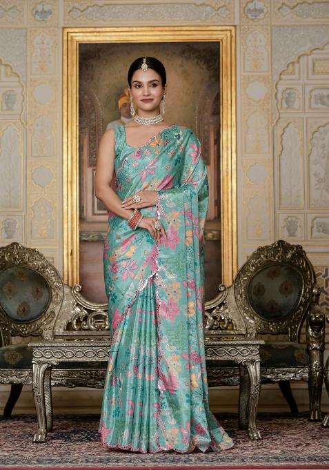 Sea Green Printed Chinon Saree Set