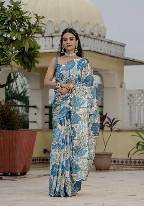 Blue Printed Chinon Saree Set