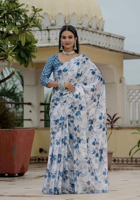 White Printed Chinon Saree Set
