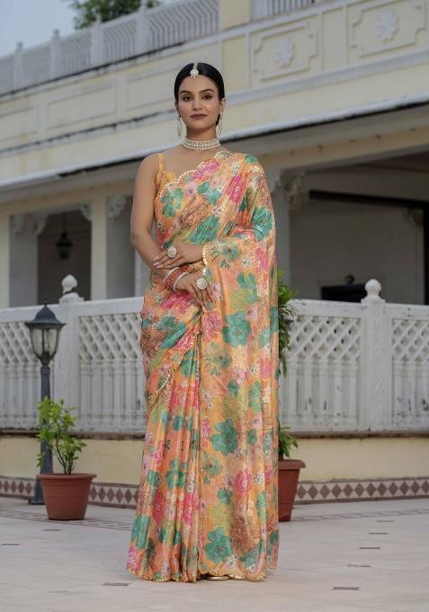 Orange Printed Chinon Saree Set