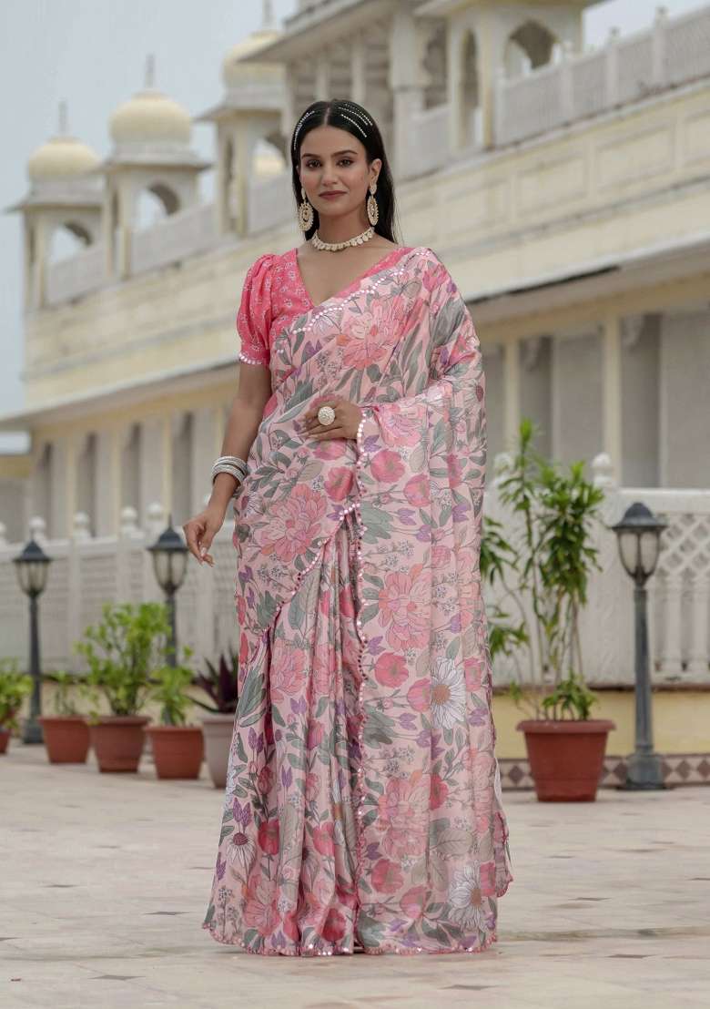 Pink Printed Chinon Saree Set - Indya