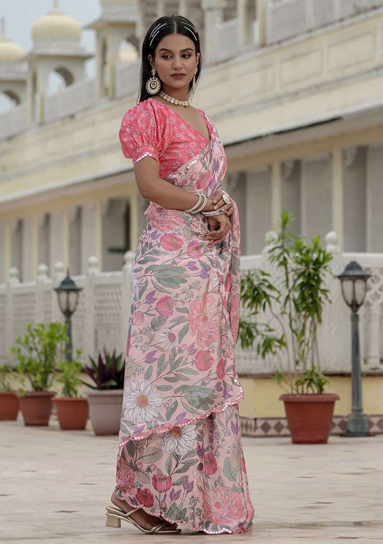 Pink Printed Chinon Saree Set - Indya