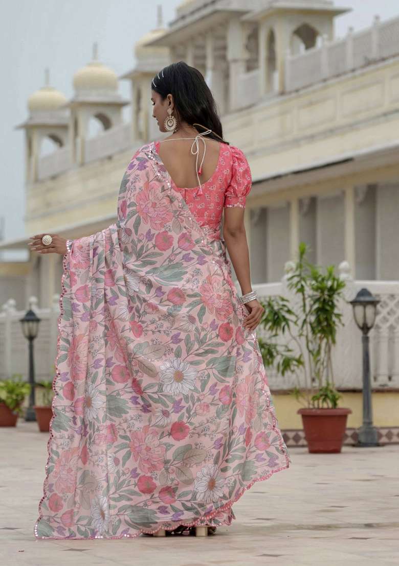 Pink Printed Chinon Saree Set - Indya