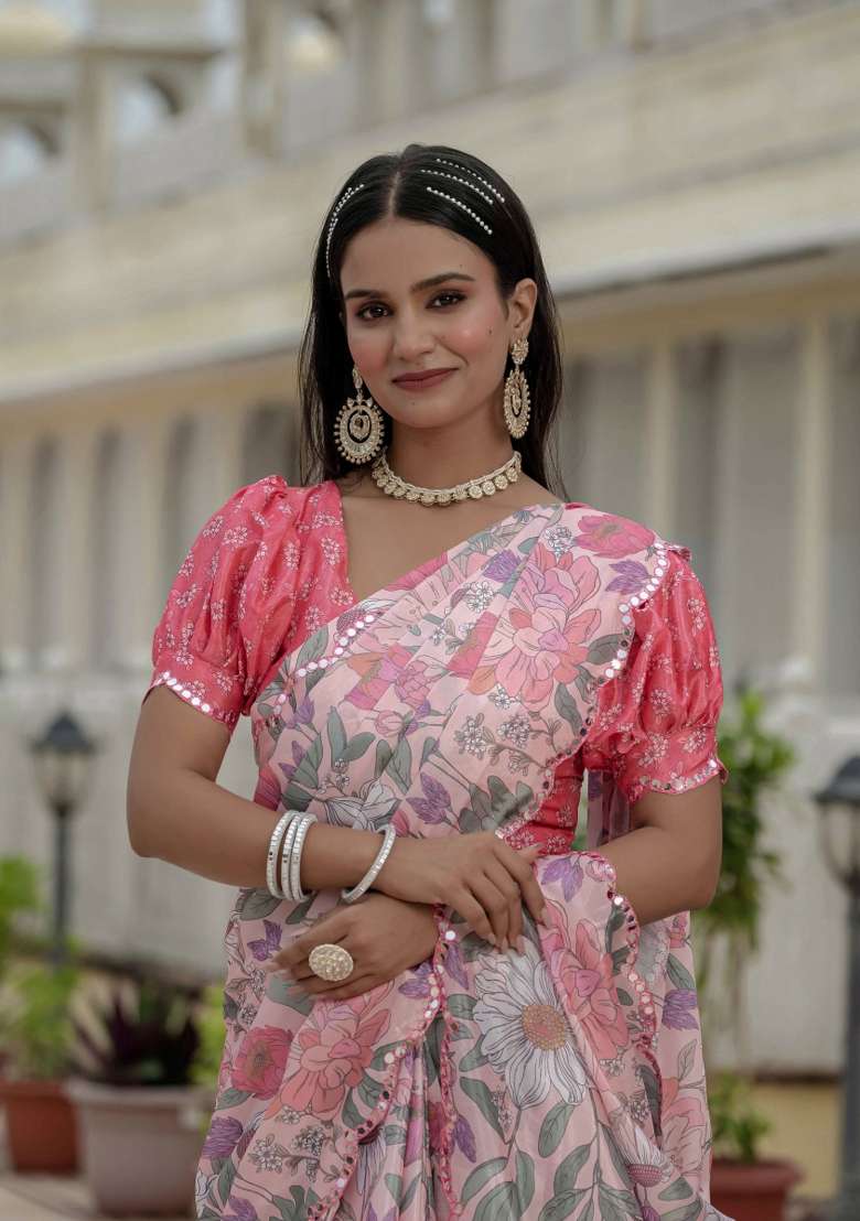 Pink Printed Chinon Saree Set - Indya