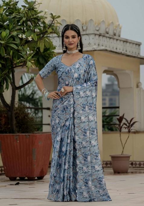 Grey Printed Chinon Saree Set
