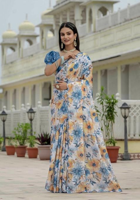 Multicolor Printed Chinon Saree Set