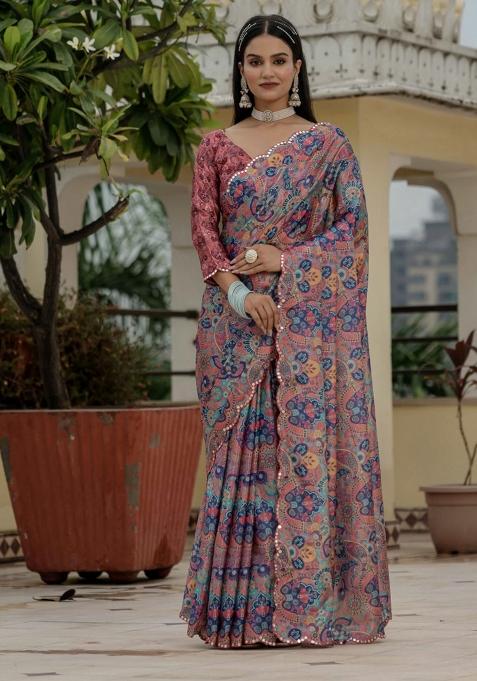 Multicolor Printed Chinon Saree Set