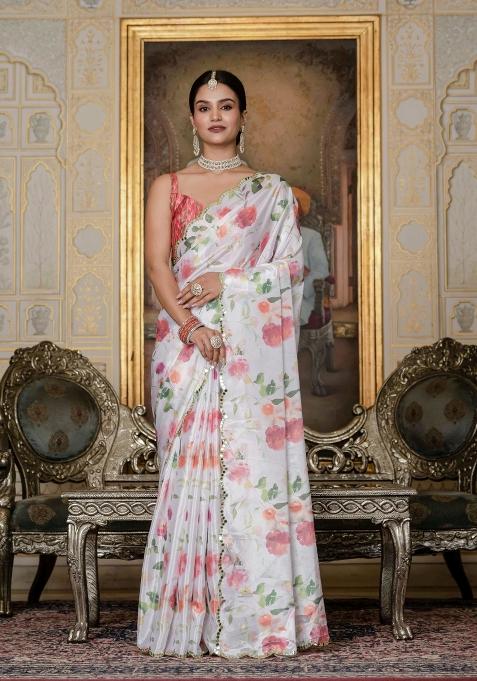 White Printed Chinon Saree Set