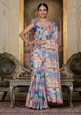 Multicolor Printed Chinon Saree Set