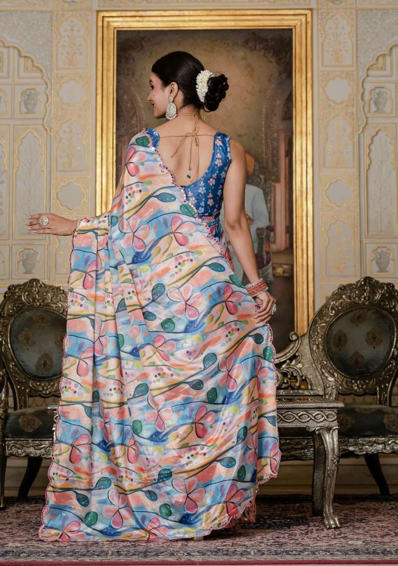 Multicolor Printed Chinon Saree Set - Indya