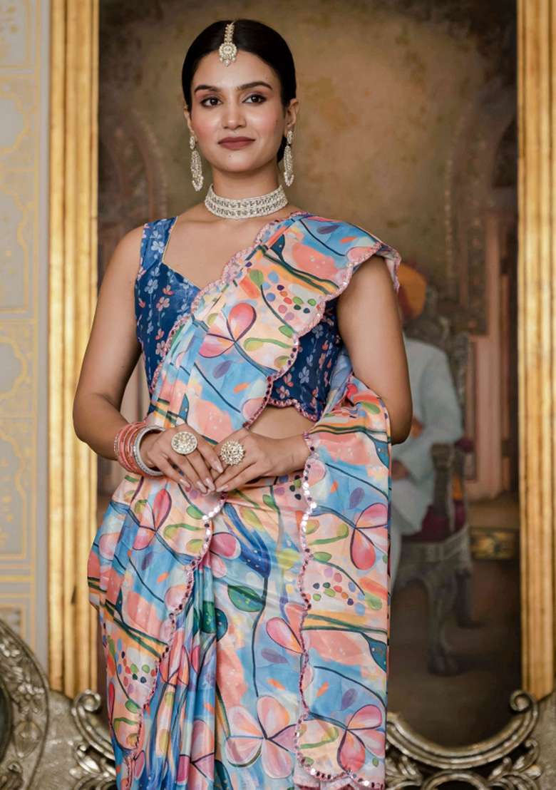 Multicolor Printed Chinon Saree Set - Indya