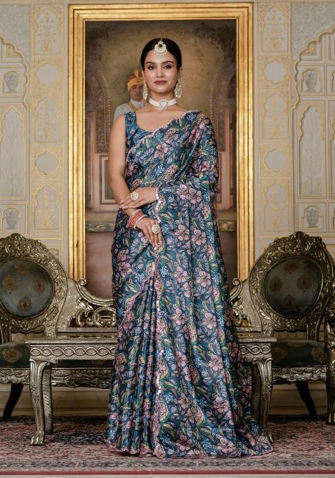 Green Printed Chinon Saree Set