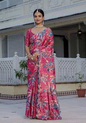 Pink Printed Chinon Saree Set