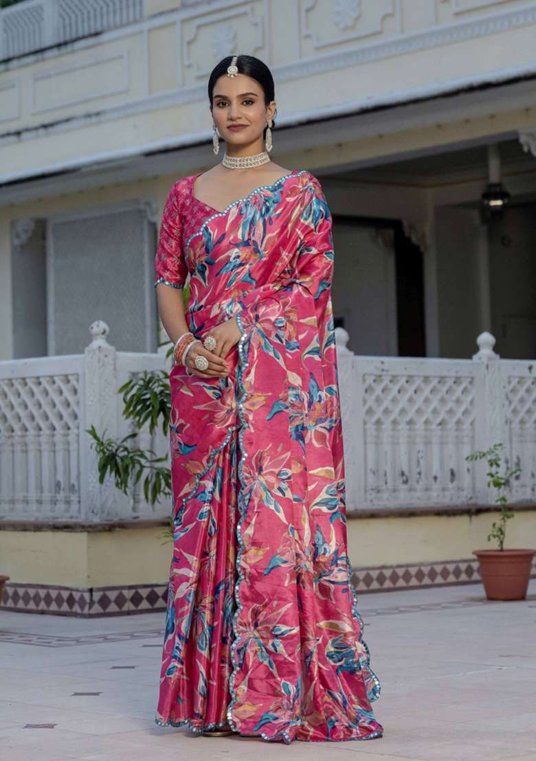 Pink Printed Chinon Saree Set - Indya