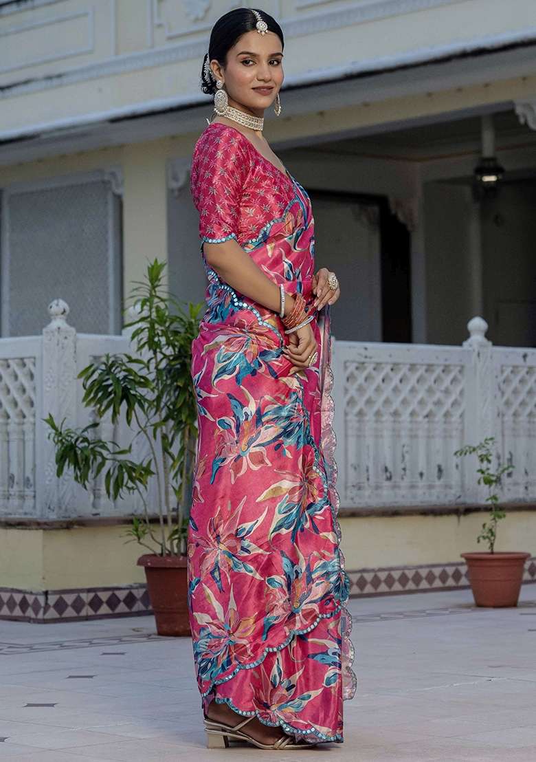 Pink Printed Chinon Saree Set - Indya