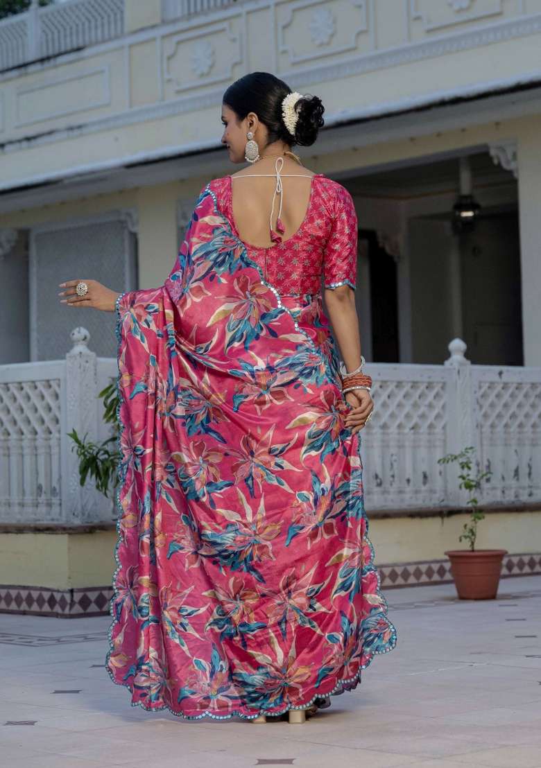 Pink Printed Chinon Saree Set - Indya