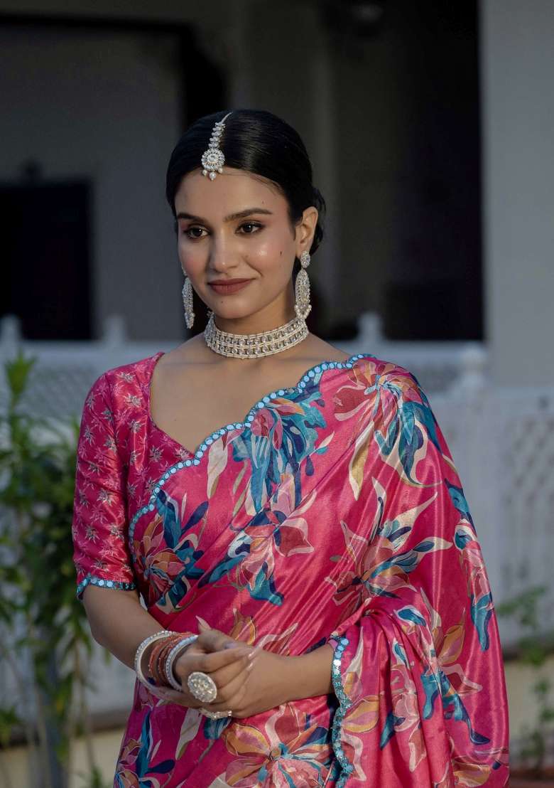 Pink Printed Chinon Saree Set - Indya