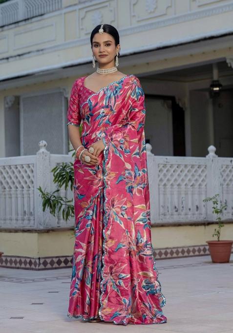 Pink Printed Chinon Saree Set