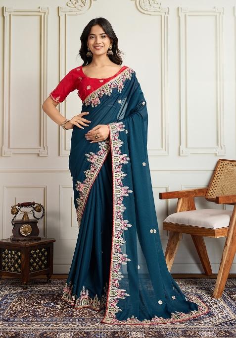 Blue Embroidery Star Georgette Saree Set