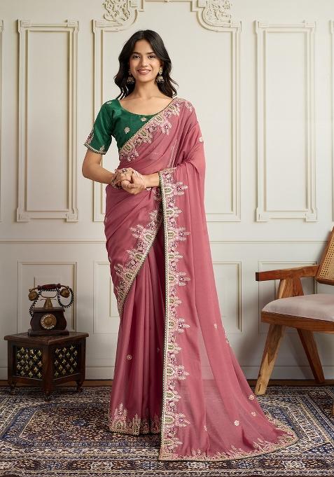 Pink Embroidery Star Georgette Saree Set