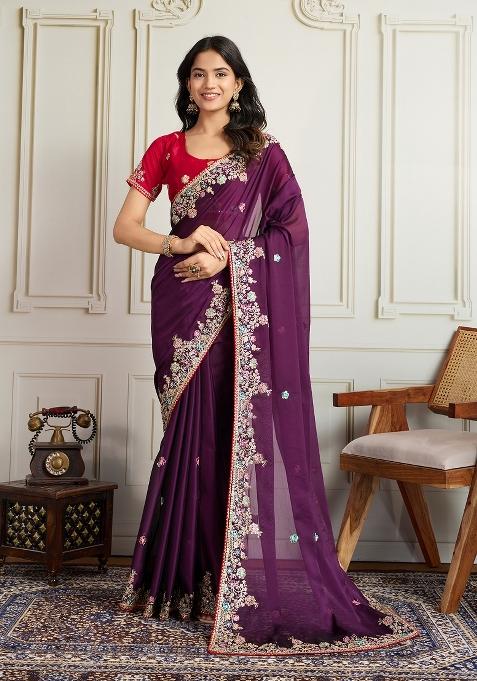 Purple Embroidery Star Georgette Saree Set