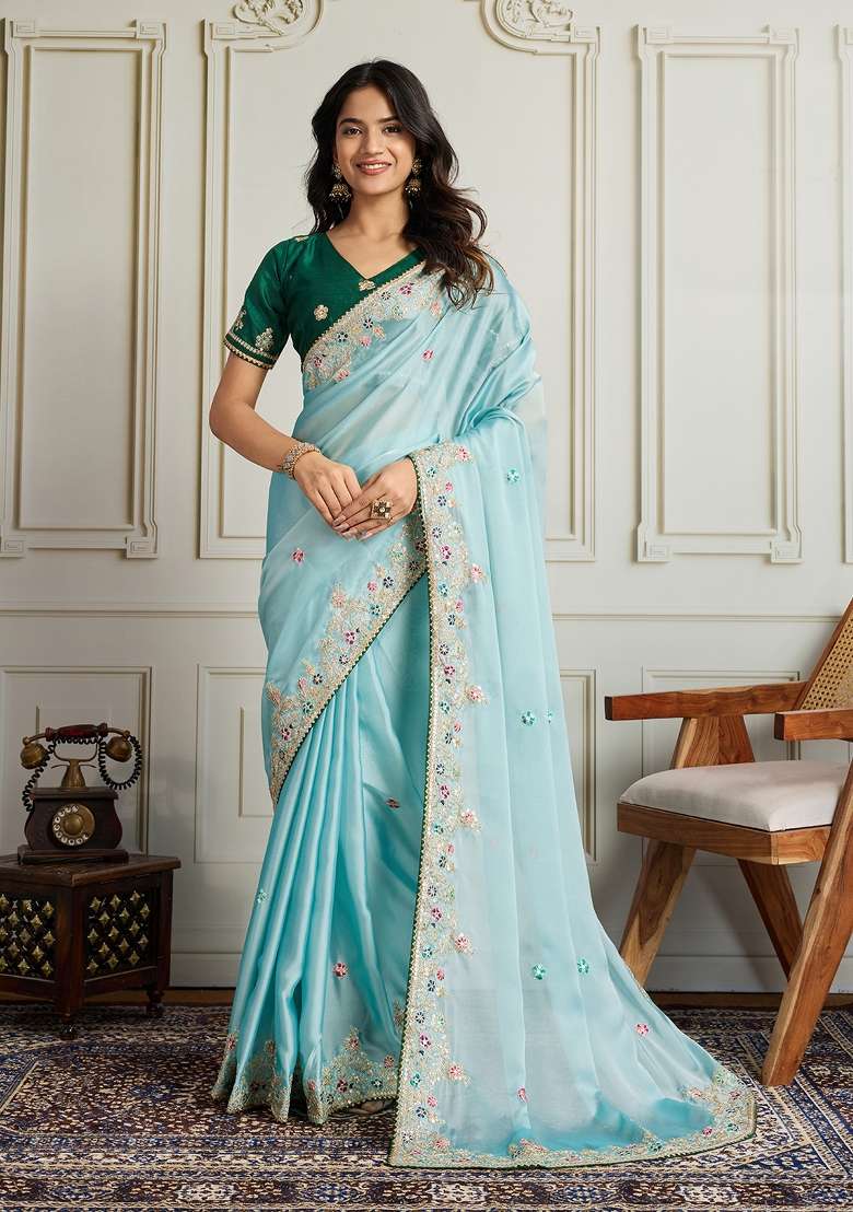 Sea Green Embroidery Star Georgette Saree Set - Indya