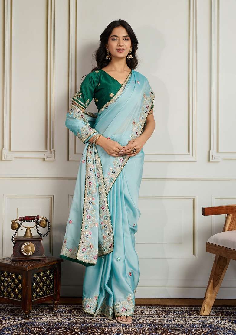 Sea Green Embroidery Star Georgette Saree Set - Indya
