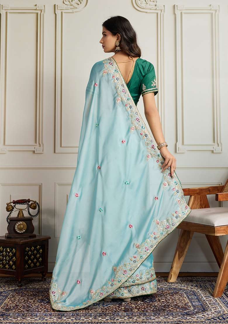 Sea Green Embroidery Star Georgette Saree Set - Indya