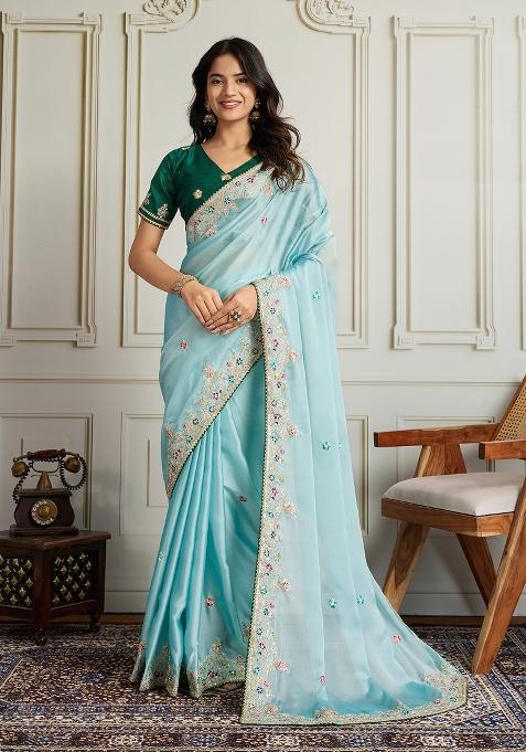 Sea Green Embroidery Star Georgette Saree Set