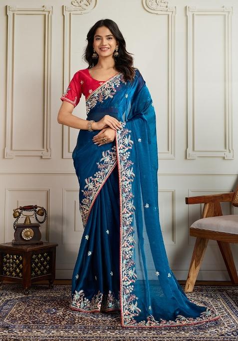 Blue Embroidery Frendy Chiffon Saree Set