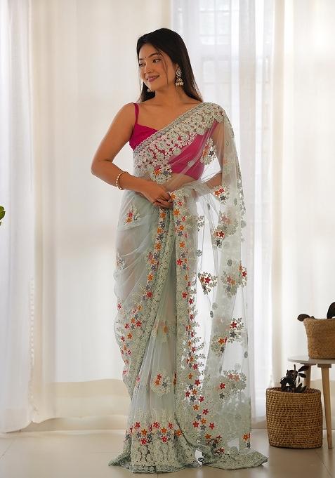 Blue Embroidery Butterfly Net Saree Set