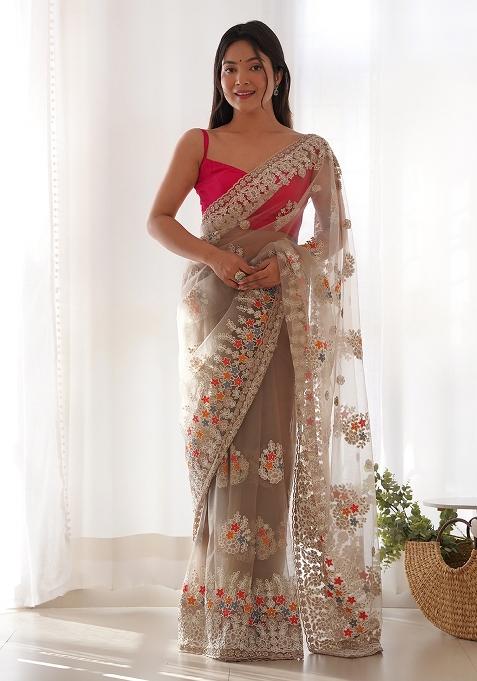 Beige Embroidery Butterfly Net Saree Set