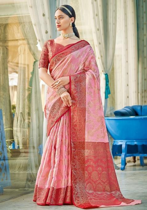 Light Pink Motif Linen Cotton Saree Set