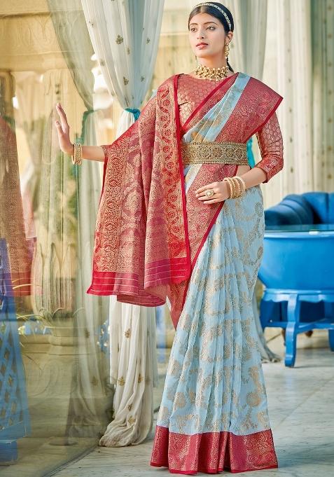 Sky Blue Motif Linen Cotton Saree Set