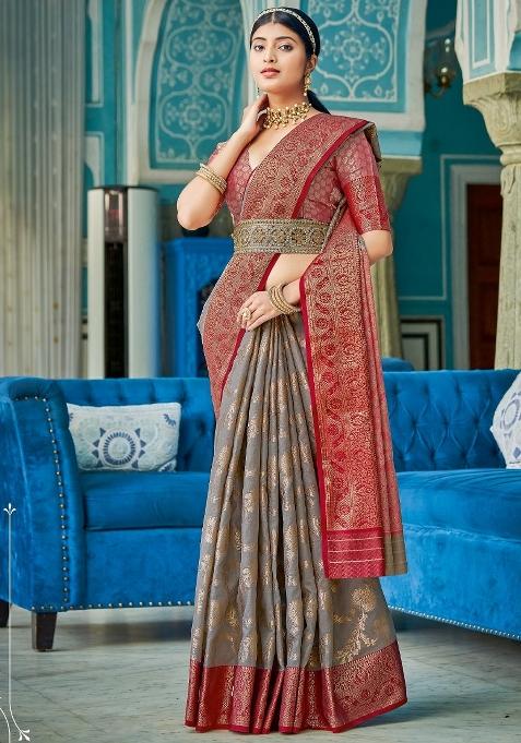 Grey Motif Linen Cotton Saree Set
