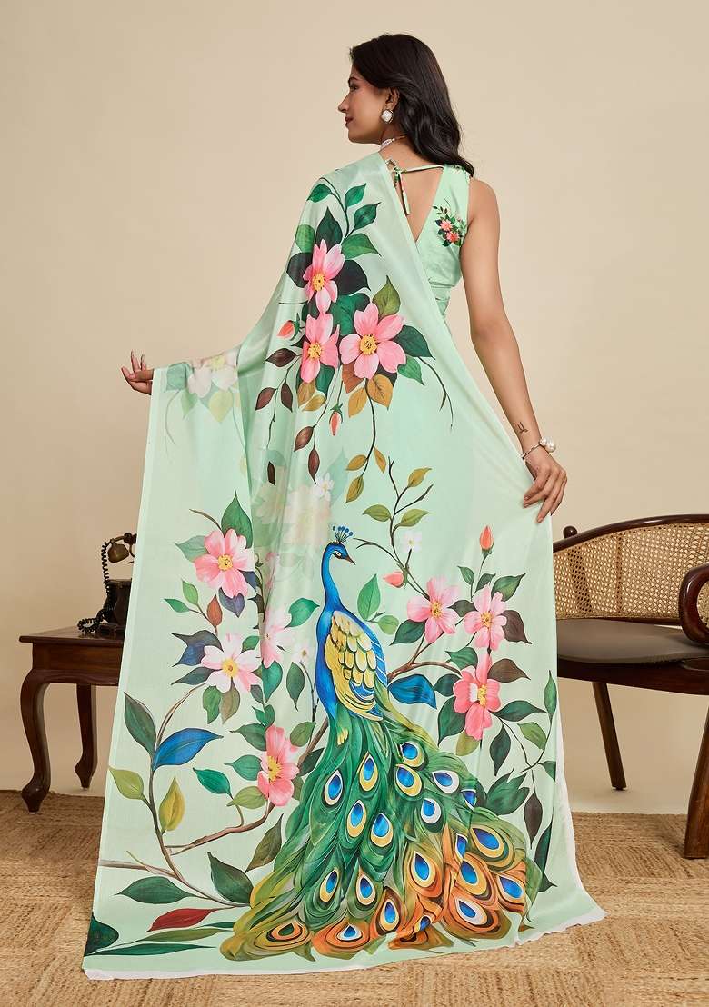 Sea Green Printed Chinon Saree Set - Indya