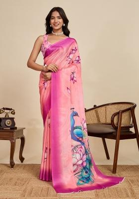 Peach Printed Chinon Saree Set