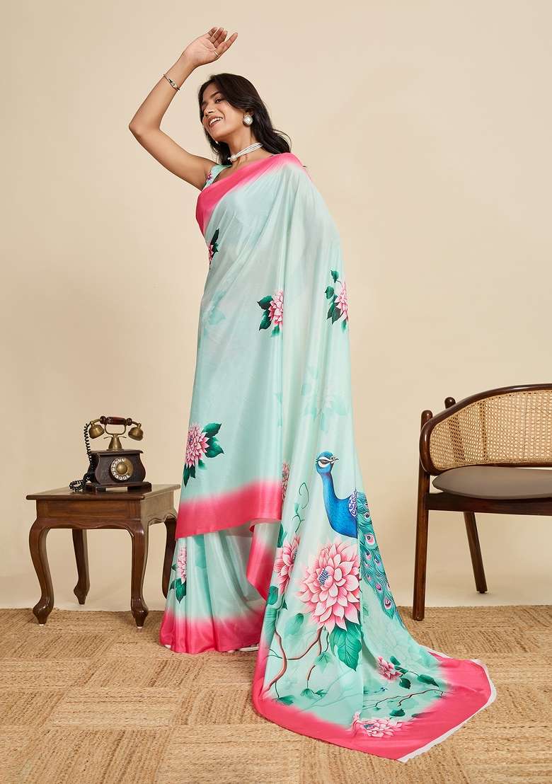 Sky Blue Printed Chinon Saree Set - Indya