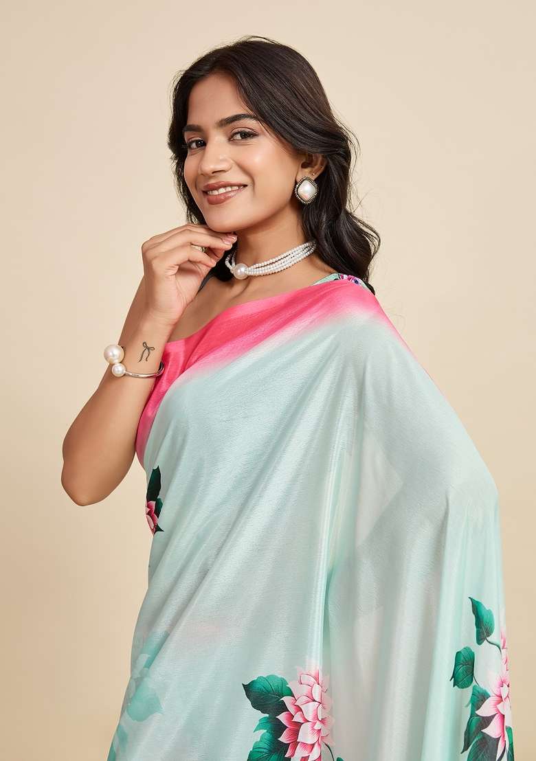 Sky Blue Printed Chinon Saree Set - Indya