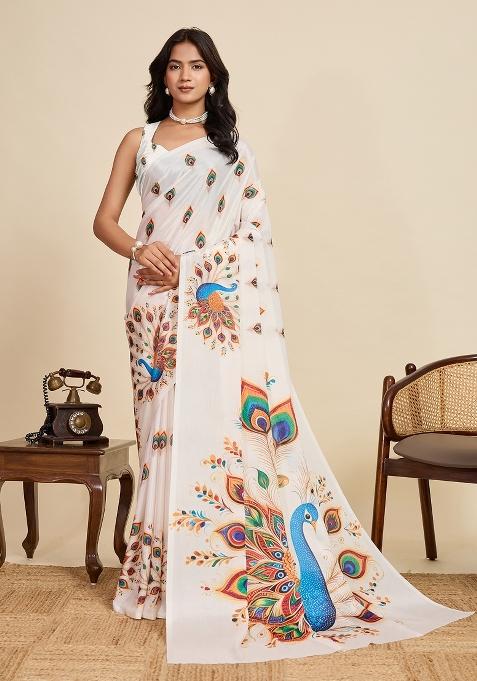 Off White Printed Chinon Saree Set