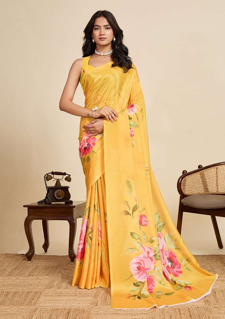 Yellow Printed Chinon Saree Set - Indya