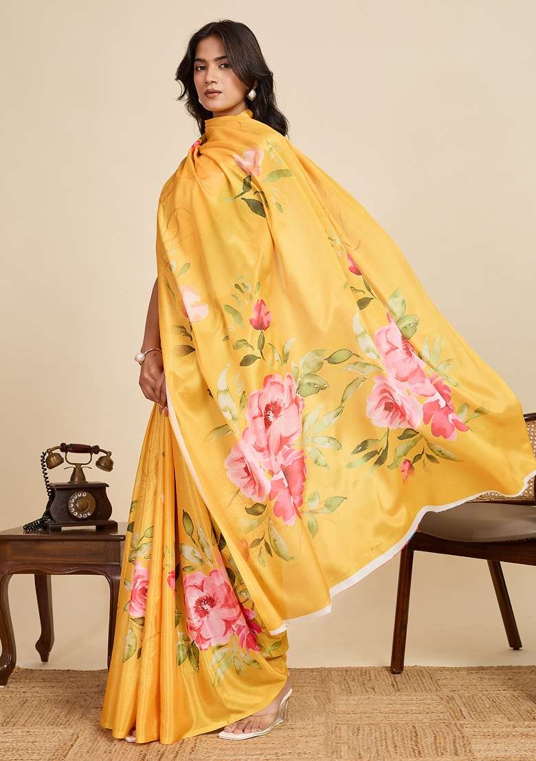 Yellow Printed Chinon Saree Set - Indya