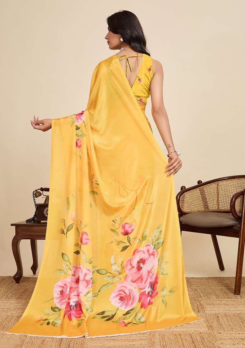 Yellow Printed Chinon Saree Set - Indya