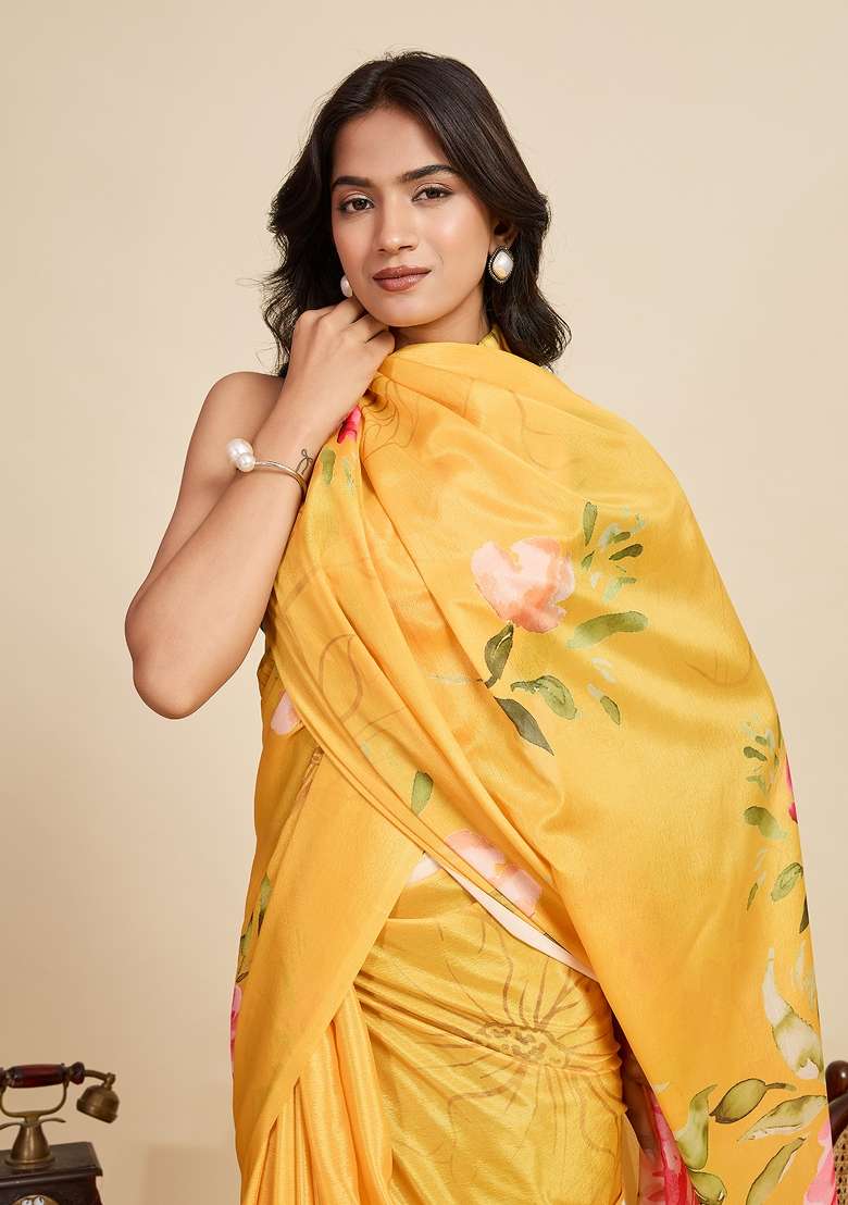 Yellow Printed Chinon Saree Set - Indya