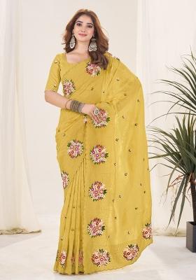 Mustard Embroidery Gold Crush Saree Set