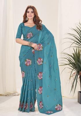 Blue Embroidery Gold Crush Saree Set