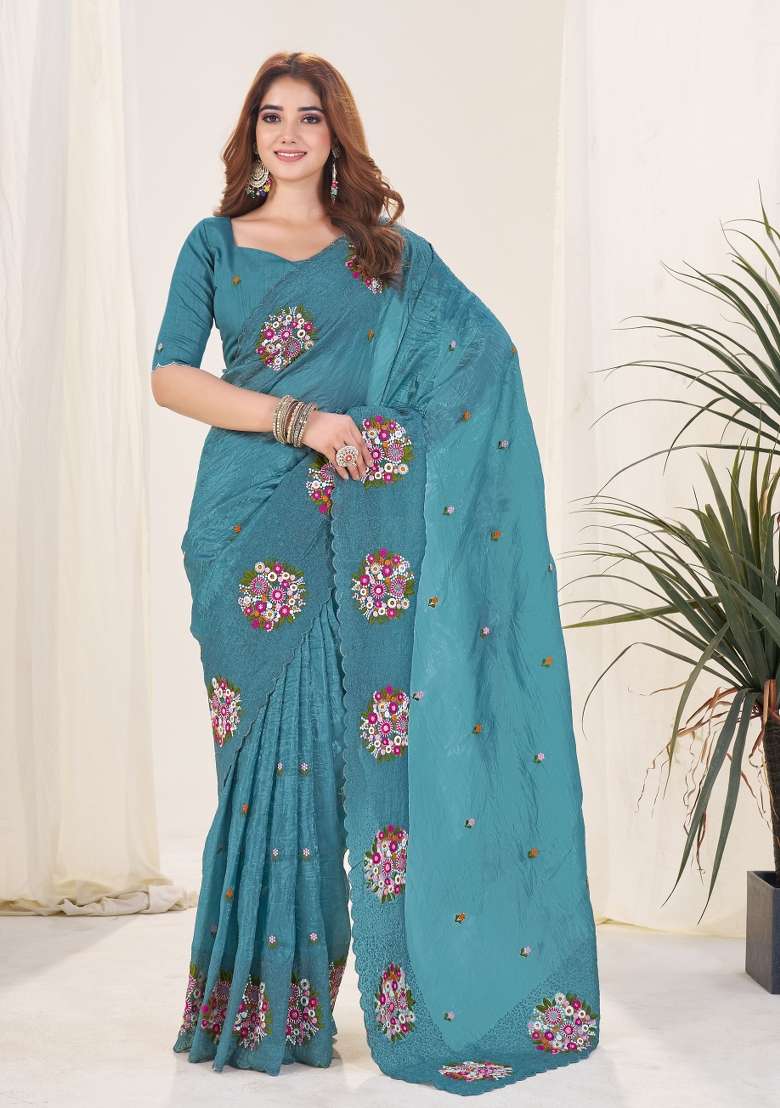 Blue Embroidery Gold Crush Saree Set - Indya