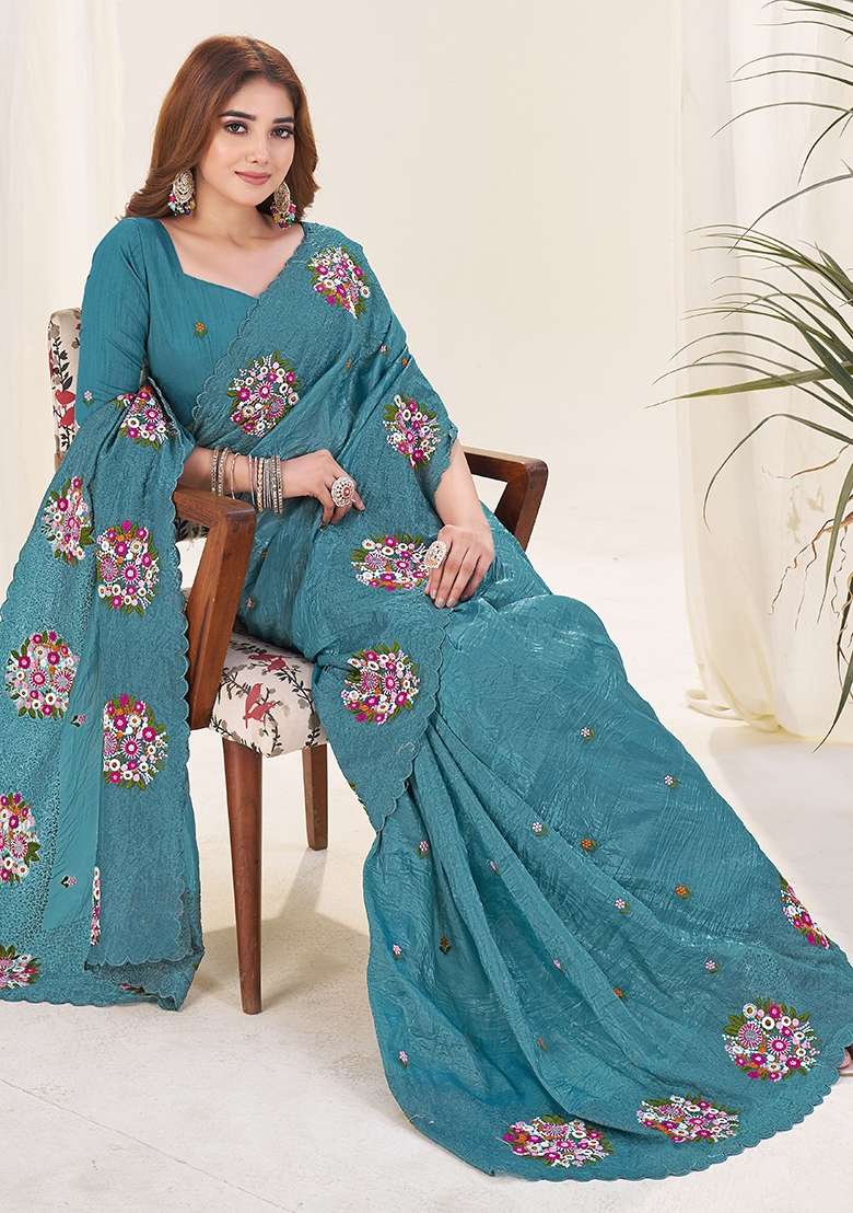 Blue Embroidery Gold Crush Saree Set - Indya