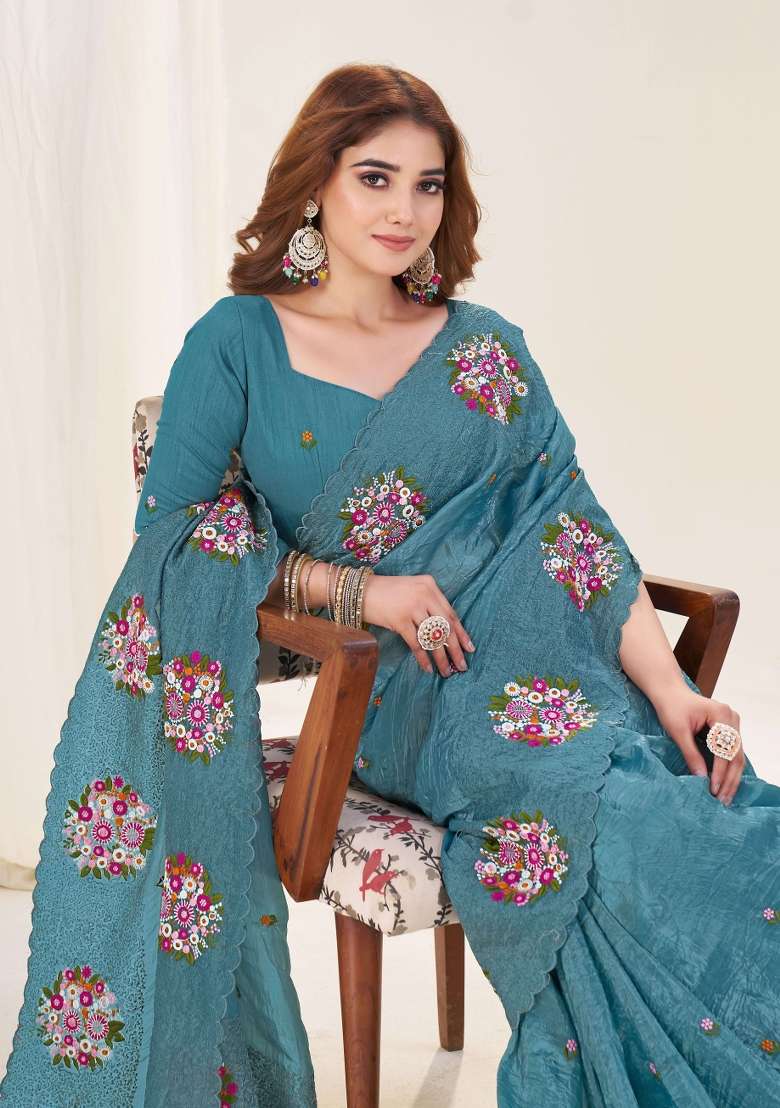Blue Embroidery Gold Crush Saree Set - Indya