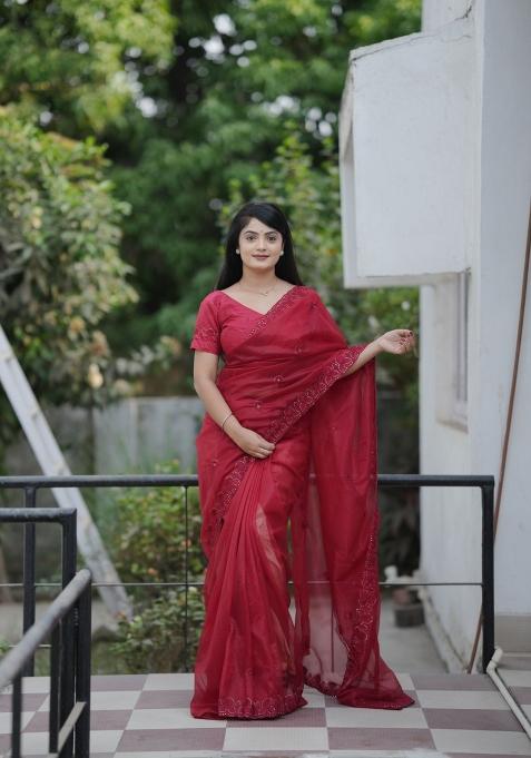 Maroon Embroidery Twill Net Saree Set